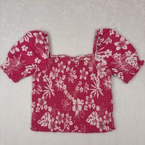 NEW Roxy Girl Smocked Cropped Shirt Size XL 14 Pink Floral Hawaiian Tropical
